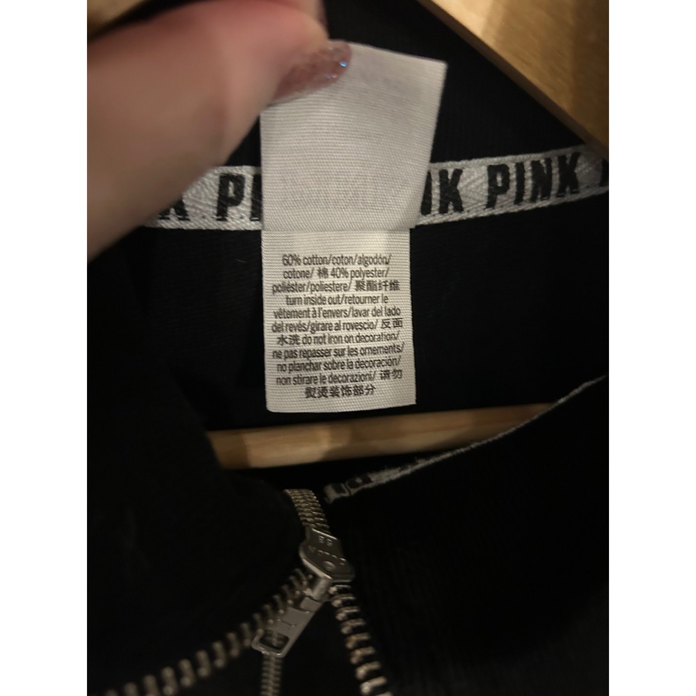 PINK Victoria's Secret Sweatshirt Black Quarter Zip Logo Graphic Pullover M - Picture 4 of 7